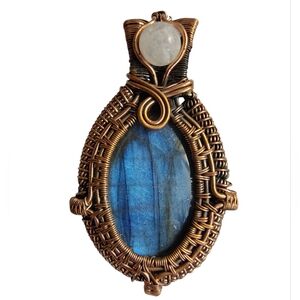 Blue Flash Labradorite and Moonstone Wire Wrap Pendant